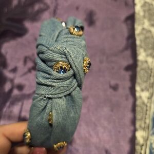 Denim Blue Headband with Gold and Blue Embellishments